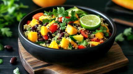 A vibrant bowl of healthy quinoa salad with fresh mango, black beans, and lime.