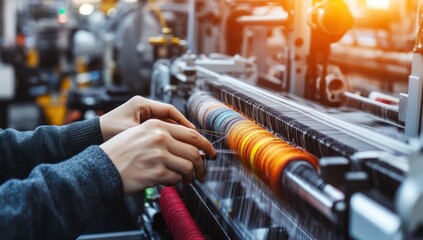 Close-up of Textile Worker's Hands Operating a Loom in a Vibrant Factory Setting