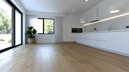 Fototapeta premium Modern kitchen, oak flooring, garden view, sunlight. Interior design