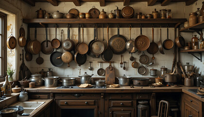 kitchen with pots and pans hanging on the wall