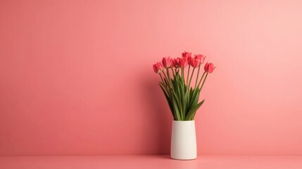 Pink tulips in vase against pink background; spring decor