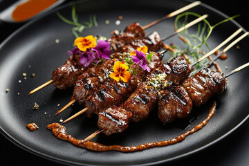 Gourmet presentation of grilled beef skewers garnished with edible flowers fresh herbs and a drizzle of savory sauce served on a dark slate plate