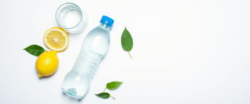 Fresh water bottle with lemon and mint on white background - Powered by Adobe