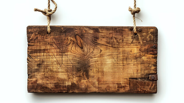 Rustic wooden sign with visible grain hangs by ropes against a plain background. Concept of vintage or rustic decor. For crafting or design projects.