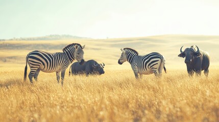 Obraz premium Zebras and buffalo grazing in a golden savanna landscape