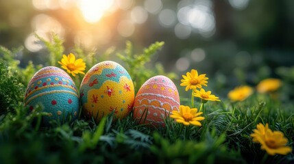 Colorful decorated Easter eggs on grass with yellow flowers