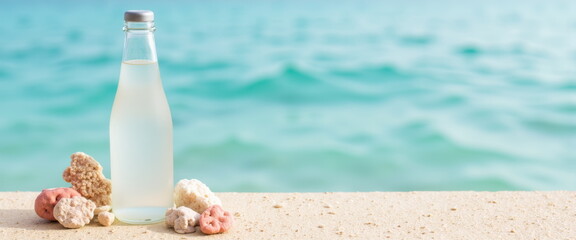 Refreshing drink and seashells on beach by turquoise sea