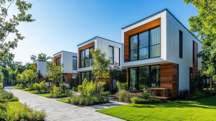 Row of modern luxury houses with minimalist design and greenery