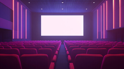 Fototapeta premium Empty Cinema Hall: Blank Screen and Rows of Red Seats