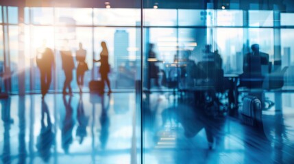 Silhouettes of business professionals in a modern glass office with city reflections. Sunlight streams through large windows, creating a dynamic corporate atmosphere