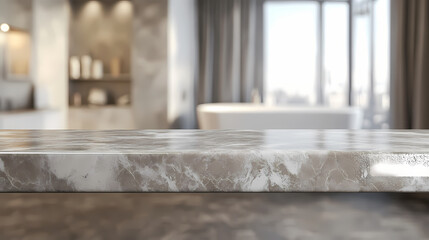 3d rendering of an empty marble top table with a blurred bathroom interior background for product display montage. Artistic Rendering Style. Illustration