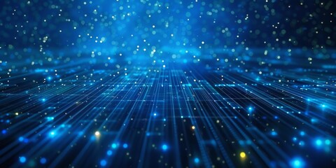 Abstract digital background featuring a glowing blue grid with floating data particles. A high-tech representation of AI, big data, and advanced digital networks