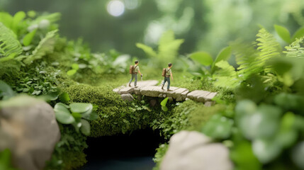 Fototapeta premium Two hikers crossing stone bridge in lush green forest