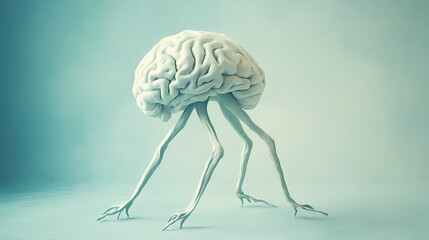 Fototapeta premium A creative 3d rendering of a brain with legs, symbolizing thought and movement in a minimalist style on a soft blue background. Artistic Rendering Style. Illustration