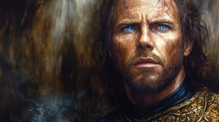 A detailed portrayal of a rugged character with piercing blue eyes, showcasing raw emotion and resilience evoking themes of heroism and strength in artistic storytelling.
