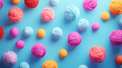A vibrant array of colorful yarn balls arranged on a bright blue background, perfect for crafting, knitting, and crochet projects. Artistic Rendering Style. Illustration