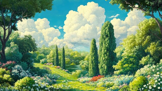 Lush garden path, sunny day, cypress trees, fluffy clouds. Ideal for backgrounds