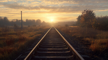 Obraz premium Endless Journey: Railway Tracks Stretching to the Horizon at Sunrise