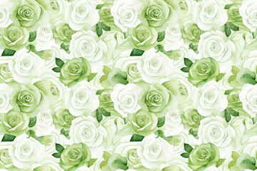 Seamless watercolor roses green and white background pattern wallpaper