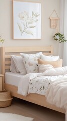 Cheerful cozy teenager's bedroom with pastel colors and floral accents creating a warm and inviting space