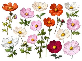 Beautiful Cosmos Flower Set - Detailed Botanical Illustration