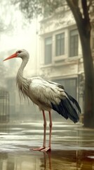 Fototapeta premium Stork standing elegantly in a misty urban setting during early morning
