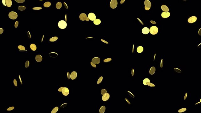 Gold coins falling in slow motion over a transparent background. Looping animation. 3D render.