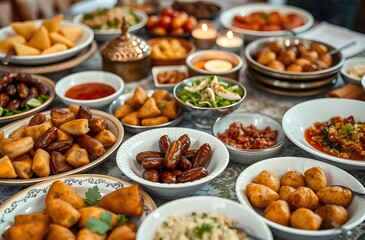 Ramadan Mubarak Iftar Feast . Traditional Islamic Dishes on a Full Table for a Blessed Evening