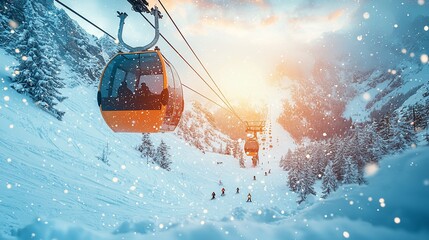 Scenic view of a ski resort with gondolas in motion, skiers on snowy slopes, and a sunset backdrop