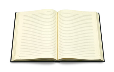 An open notebook with blank, lined pages, ready for writing, journaling, or note-taking. The pages are ivory-colored with faintly printed lines. Transparent background.