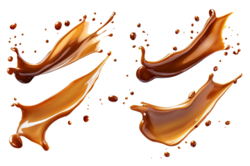 Set of delicious caramel splashes on white background