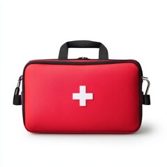 Obraz premium Bright Red First Aid Kit with White Cross Symbol on Minimalist Background for Medical and Safety Use