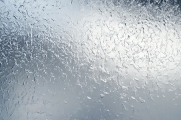 Water droplets create a textured pattern on a window during a rainy day in a quiet neighborhood