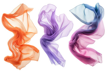 Set of floating elegant colorful fabrics isolated on white background