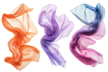 Set of floating elegant colorful fabrics isolated on white background