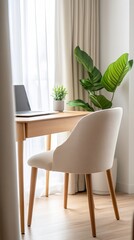 Cozy workspace created in a quiet corner of a house features a wooden desk and comfortable chair with soft cushions for productivity