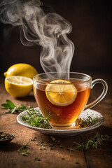 Close-up of a steaming cup of tea with lemon and herbs, warm lighting