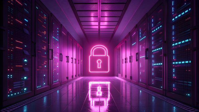 Futuristic Data Center Corridor with Neon Padlock Hologram &ndash; Cybersecurity Concept