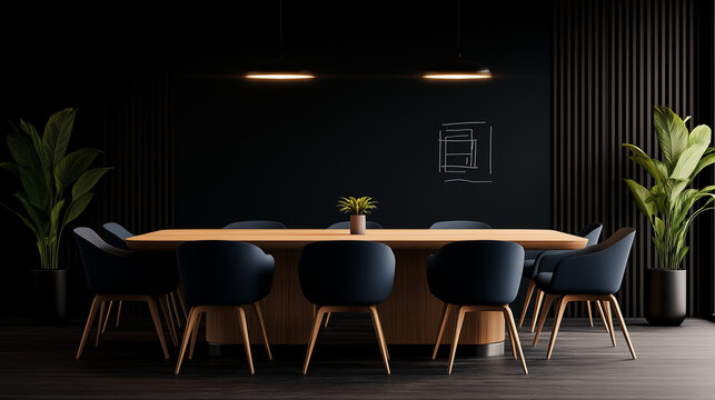Leerer Konferenzraum mit Holztisch und Pflanzen

