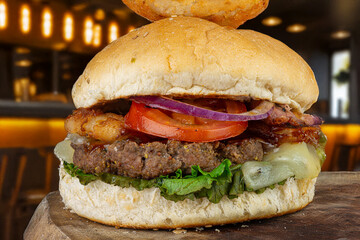 Gourmet Burger with Onion Ring and Bacon