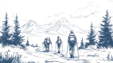Three people are walking on a trail in the mountains