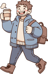 Happy Man Walking and Drinking Coffee, Casual Style