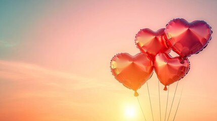Fototapeta premium An artistic view of heart-shaped balloons floating against a gradient pastel sky with warm sunlight illuminating their shiny surfaces