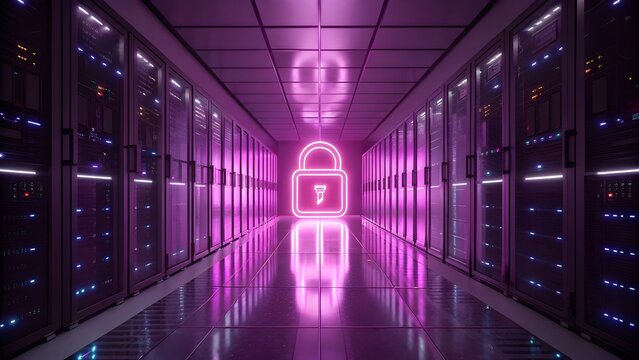 Futuristic Data Center Corridor with Neon Padlock Hologram &ndash; Cybersecurity Concept