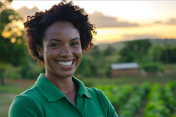 30yearold brasilian black woman and wellgroomed very happy dark hair groomed with green polo shirt with a positive expression but of doubt too with a farm in the bac