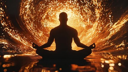 A man engages in meditation, surrounded by swirling golden light and energy, creating a mesmerizing atmosphere of tranquility and focus