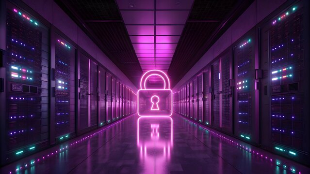 Futuristic Data Center Corridor with Neon Padlock Hologram &ndash; Cybersecurity Concept