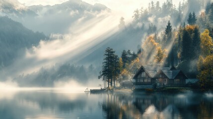 Lakefront cabin with wood exterior on a serene mountain lake, surrounded by coniferous trees
