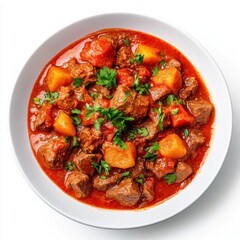 Hearty beef stew with tender chunks of meat, potatoes, carrots, and fresh herbs in a rich tomato broth