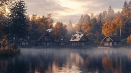 Fototapeta premium Lakefront cabin with wood exterior on a serene mountain lake, surrounded by coniferous trees 